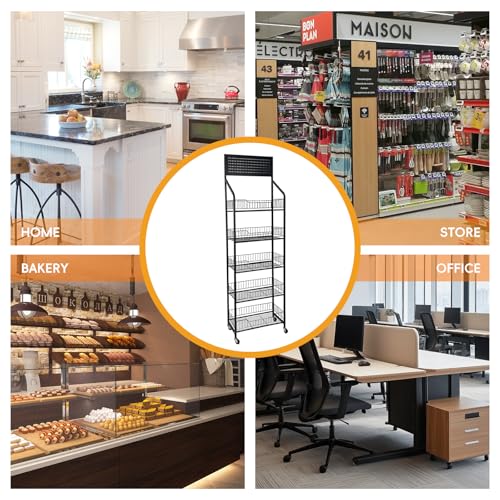TONGMO 5 Tier Snack Rack Display Stand - Retail Display Shelves with Top Pegboard, 15 Hooks, Bakery Display Rack on Wheels for Easy Mobility and Organization (Black, 5‑Tier) - color: Black