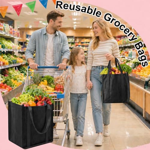 10 Pcs Reusable Grocery Bags, Black, Large