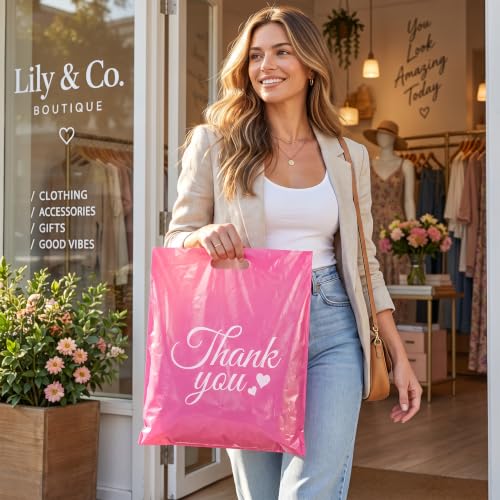 SwiftJoys 100Pcs Pink Thank You Bags with Handles, 12 x 15 Inch - color: 04-Pink TY, size: 12"x15"