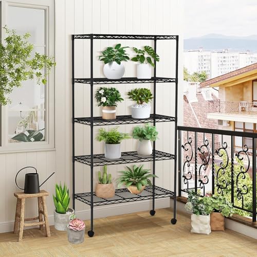 5 Tier Wire Shelving Unit with Wheels, 30 x 14 x 61 Metal Rack - color: Black, size: 13.9"D x 30"W x 61.2"H