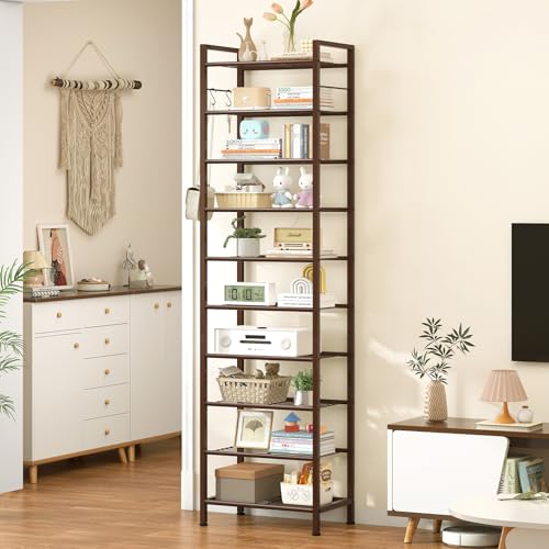 usikey 10 Tiers Narrow Shoe Rack 20-30 Pairs, Sturdy Metal Tall Shoe Rack Shelf with 4 Hooks, Slim Shoe Storage with Metal Shelf, Space Saving Vertical Shoe Organizer for Closet Entryway, Bronze - color: 10 Tier ( 17.9 X 11 X 69.2 Inches)-bronze