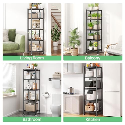 PXRACK 5-Tier Kitchen Storage Shelves, Adjustable Metal Shelves for Storage Pantry Shelves with Rolling Wheels, Storage Rack Shelving Unit Organizer for Bedroom Laundry Closet - size: 17"L x 12.4"W x 59"H