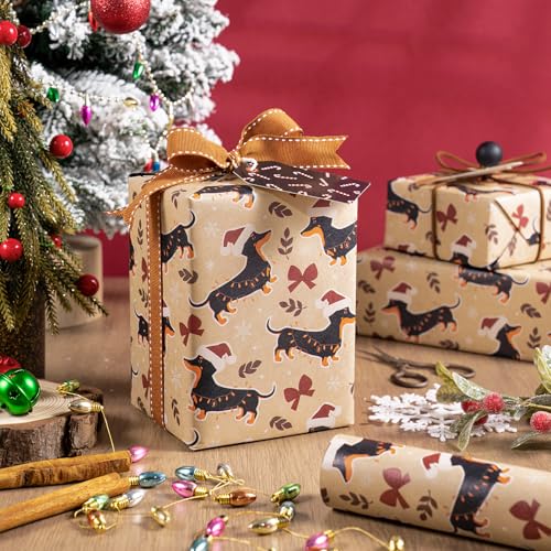 WRAPAHOLIC Kraft Dog Christmas Wrapping Paper - Mini Roll - 17 Inch x 16.5 Feet - Dachshund Dog and Red Bow Wrapping Paper for Christmas, Holiday, Party Celebration - color: Kraft Dachshund & Red Bow