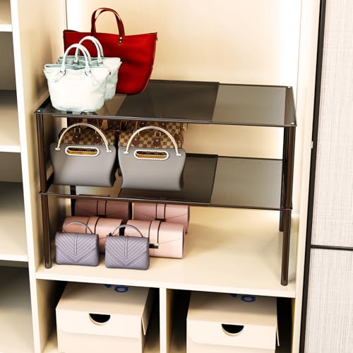 Expandable Closet Shelf Organizer - Adjustable Vertical Stackable Cabinet Shelf for Pantry, Cupboard, Wardrobe, Countertop - Rustproof, Heavy Duty (Black, L19.6-33.4"*W13.7*H8.6)