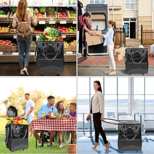 Reusable Grocery Bag on Wheels, Foldable Rolling Tote Bag with 6 Pockets - color: Black, size: Small