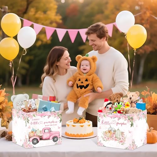 Woosytoo Fall Little Pumpkin Baby Shower Square Gift Bag, Extra Large Pink Floral Fall Gift Bags A Sweet Little Pumpkin is On The Way Wrapping Paper Bag for Baby Girl Autumn Theme Gender Reveal Party Favors - color: Pumpkin