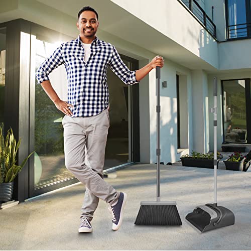 Broom and Dustpan Set for Home, Office, Indoor&Outdoor Sweeping, Stand Up Broom and Dustpan (Black&Gray) - color: Black&gray