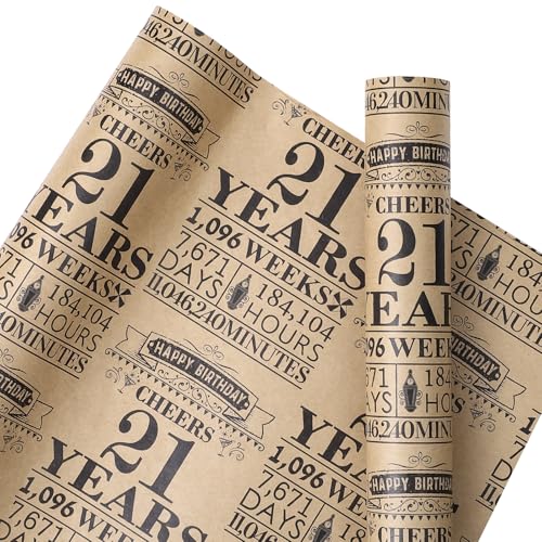 RUSPEPA Birthday Wrapping Paper Roll, Mini Roll, Black 21Years Design Kraft Gift Wrap Paper Great for Birthday, Party, Holiday, 17 inches x 16.4 feet, 21st Birthday - color: 21st Birthday