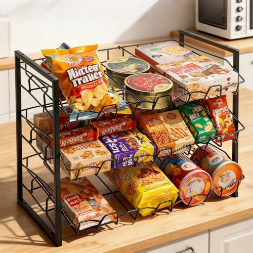 ZAVOOS Candy Display Rack, 3 Tier Metal Snack Display for Retail Counter, Adjustable Snack Stand Shelf Chip Bag Holder Rack for Home Kitchen, Store, Concession Stand, Theater