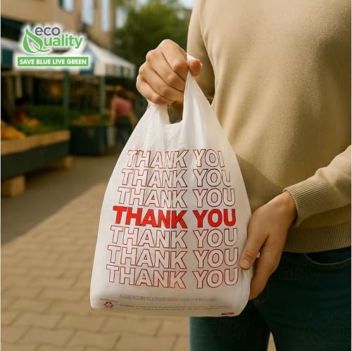 EcoQuality White Plastic Thank You T Shirt Bags 1000ct, 1/8 Medium Grocery Shopping Carry Out Take Out Reusable Poly Bags (17 x 10 x 6 inches) (16 Micron)