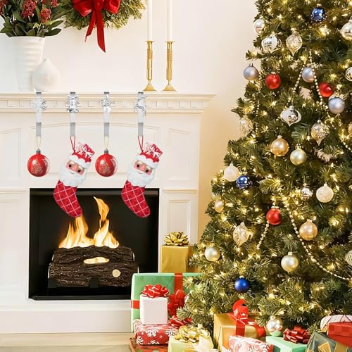 Christmas Stocking Holders for Mantle, Reusable No-Damage Hooks with Fireplace Grip Stand, Xmas Decoration Set for Hanging Stockings on Shelves, Mantel Clips for Holiday Party Home Decor Silver