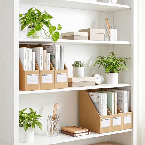 SAYEEC Magazine File Holder Foldable Cardboard Desk Organizer with Blank Label Stickers Sturdy Paperboard Book Bins Vertical Paper Organizer Magazine Storage Box Document Rack for Home Office (3 Pack)