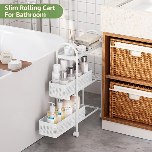 KINGRACK 3 Tier Slim Rolling Cart with Drawer, Metal Utility Storage Cart - color: White, size: 3 Tier-2BKT