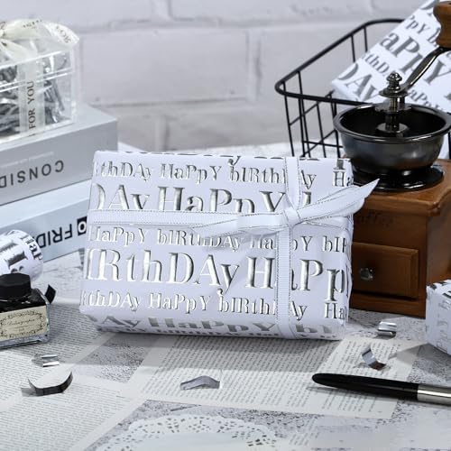 WRAPAHOLIC 3D Kraft Birthday Wrapping Paper Roll - Mini Roll - 17 Inch x 16.5 Feet - Silver and White Happy Birthday Lettering Design with Embossed Perfect for Holiday, Party Celebration - color: White & Silver Happy Birthday, size: 17 inch x 16.5 feet