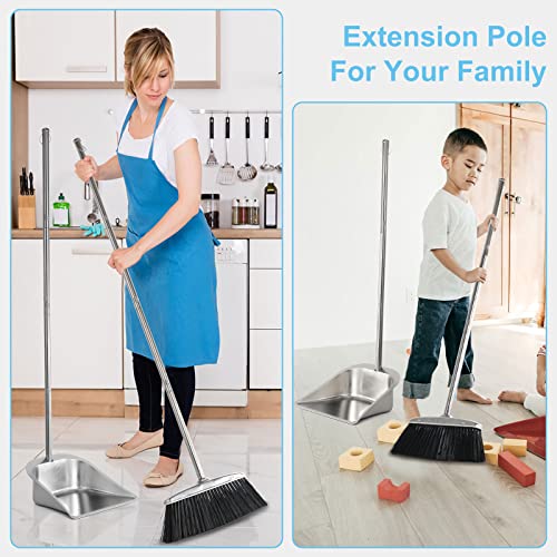 VOOWO Heavy Duty Broom and Dust pan Set, Stainless Steel Broom and Dustpan Set with Long Handle, Broom with Dustpan Set for Home Standing Dust Pan Indoor Outdoor Brooms Dustpan - color: Black Broom and Dustpan Set