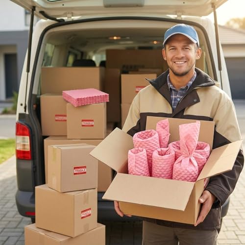 12" x 12" 250FT Pink Paper Bubble Wrap Sheets for Packing Embossed Kraft Cushioning Wrap Packing Paper for Moving Shipping Storage Fragile Items Glassware Dishes Gifts Small Business Packaging