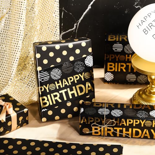 WRAPAHOLIC Reversible Birthday Wrapping Paper Roll - Mini Roll - 17 Inch x 16.5 Feet - Black Gold Happy Birthday Wrapping Paper Perfect for Adults Kids Girls Boys, Baby Shower - color: Black - Happy Birthday & Polka Dots