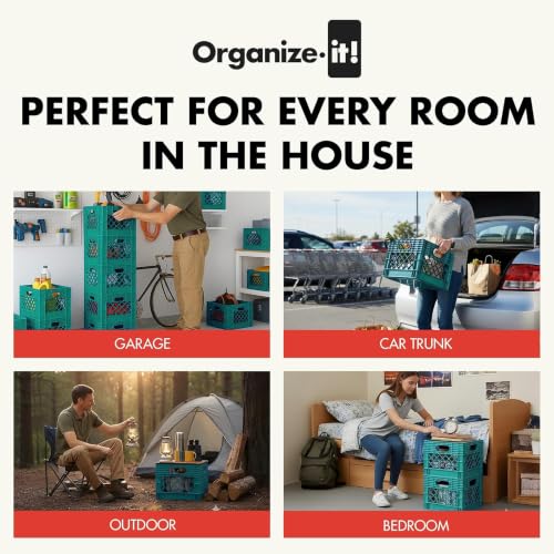 ORGANIZE-IT! Authentic Milk Crate, 4 Pack - Heavy-Duty Storage Crate, Easy-Grip Handles, Versatile Storage Crate Box, 13" L x 13" W x 11" H (Teal) - color: Teal