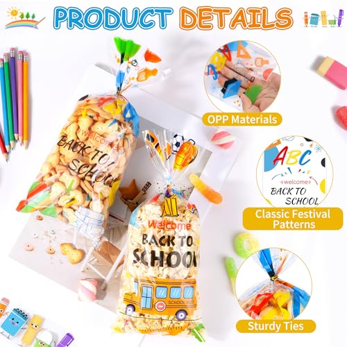 ZYLOP 100 Pcs Back to School Cellophane Treat Bags - 5x11 Inch Clear Goodie Bags with 110 Gold Ties for Cookies, Candies, Classroom Gifts, Teachers' Rewards & Large School Party Favors - color: Back to school 100pcs