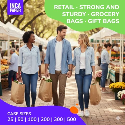 300 Kraft (Brown) Extra Large Paper Bags with Handles of 16" x 6" x 12" | Shopping Bags for Small Business, Food, Grocery Retail, Merchandise | Bulk DIY Gift Bags Wedding, Birthday, Party Favor - size: Brown | 16" x 6" x 12"