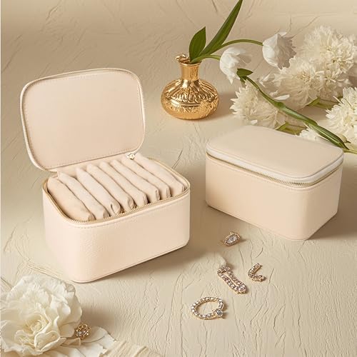 Travel Jewelry Case, Small Travel Jewelry Box with 8 Velvet Jewelry Bag Mini Pouch, Portable Travel Jewelry Organizer for Rings Earrings Necklaces (Beige 8 Pcs) - color: Beige 8 Pcs