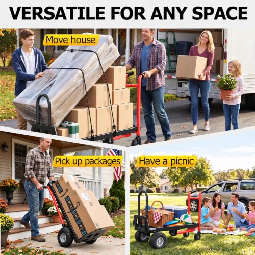 4 in 1 Folding Hand Truck, 1000lbs Capacity Dolly Cart Industrial Convertible Heavy Duty with Retractable Handle and 4 Rubber Wheels, Collapsible Cart for Moving Home, Warehouse, Black-Red - color: Black Red-1000