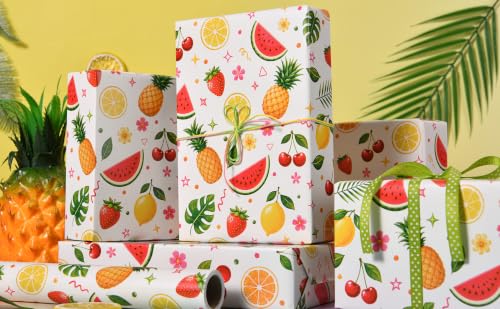 Sikiweiter Colorful Summer Fruit Wrapping Paper Roll, 17 Inches x 16.5 Feet, Watermelon Strawberry Lemon Cherry Tropical Gift Wrap for Birthday Party and Summer Celebration(Fruits) - color: Fruits