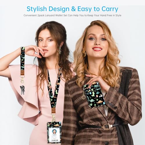 2-in-1 ID Badge Holder & Lanyard Wallet,Cute Zippered Pouch Cute Dinosaur - color: Cute Dinosaur