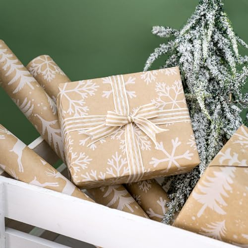 WRAPAHOLIC Kraft Christmas Wrapping Paper Roll - Mini Roll - 3 Rolls - 17 Inch X 120 Inch Per Roll - White Christmas Tree, Reindeer, Snowflake Holiday Collection - color: Kraft - White