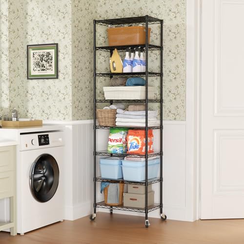 SINGAYE 8 Shelves Storage Wire Shelf Closet Metal Shelving Pantry Wheels - color: Black, size: 8Tier/12"D X 22"W X 74"H