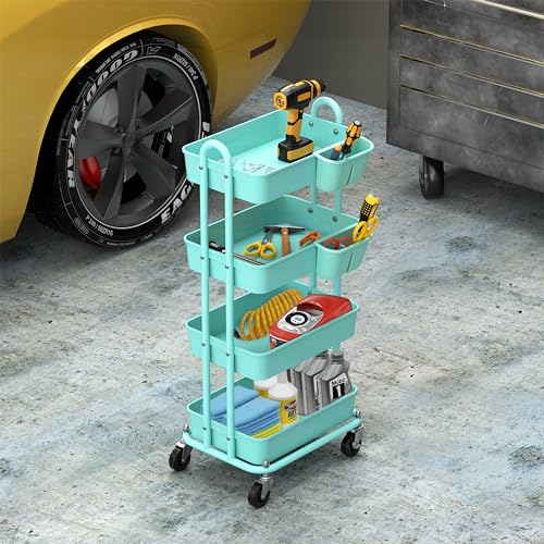 Simple Houseware 4-Tier Rolling Utility Cart with Hanging Bucket, Turquoise - color: Turqoise, size: 4-Tier