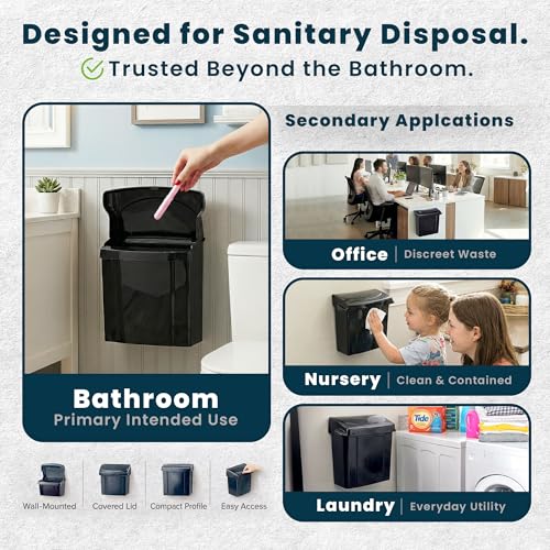 Alpine Sanitary Napkin Receptacle - Feminine Hygiene Disposal Container, Wall Mounted Trash Can with Odor Control Seal & Installation Hardware (Black) - color: Black