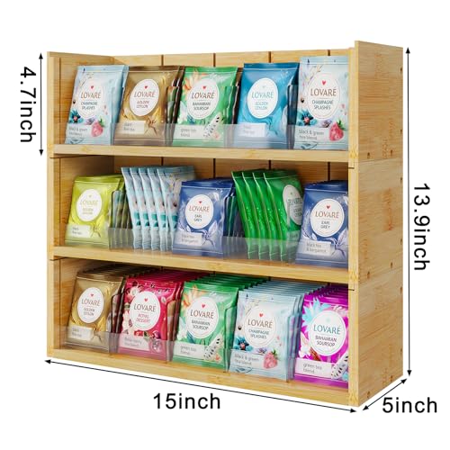 X-cosrack Bamboo Tea Bag Organizer Storage Box, 3 Tier Stackable Tea Bag Box Natural Wood, Wall Mount Tea Chests with Acrylic for tea bags Office Kitchen Cabinet Pantry - size: 3-Tier