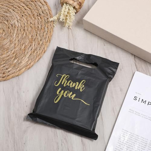 100 Pcs 5.7✕7.6 Inch Small Thank You Bags Black Thank You Bags Plastic Shopping Bag with Handles for Small Business Retail Boutique Gifts Stores(Black)