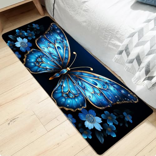 Bathroom Anti-Slip Bath Mat Blue Butterfly Art Mat 47x17 inches - color: Butterfly, size: 1'5" x 3'11" (Rectangular)