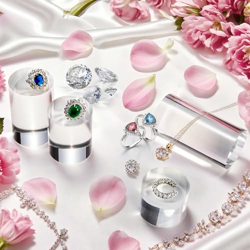 Hacaroa 4 Pcs Acrylic Cylinder Risers Display Stand, Clear Polished Round Display Blocks Transparent Photo Props, Mini Solid Pedestal Base for Jewelry, Perfumes, Figurines, 4 Sizes
