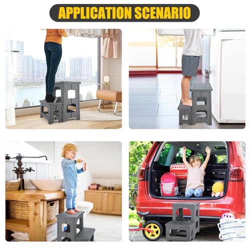 Folding 2-Step Stool for Adults Kids Non-Slip Collapsible Portable Step Stool for Kitchen Home Toilet Bedroom Office Bathroom Rv,Holds 300 Lbs(Grey)
