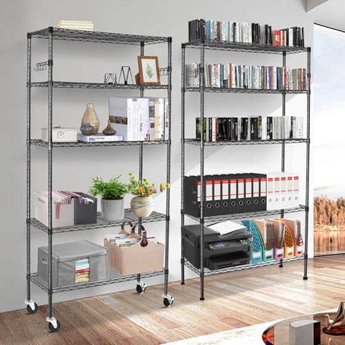Storage Shelves 75"H Wire Shelving Unit with Wheels 1750LBS Heavy Duty Metal Shelves for Storage Adjustable 5-Tier Garage Storage Rack Kitchen Pantry Shelves Rolling Shelf on Casters, 14"D x36"W x75"H - size: Heavy 5 Tier Shelf