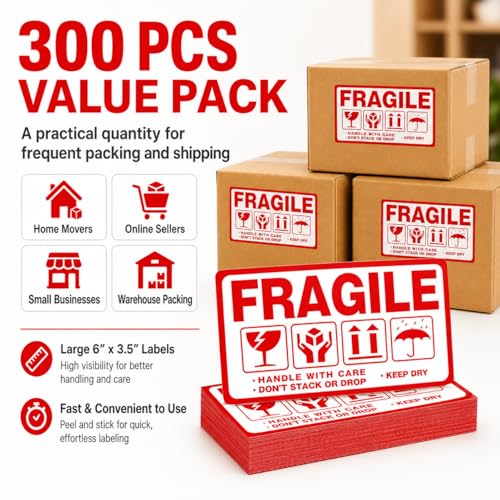 Large Fragile (6" X 3.5") Handle with Care Keep Dry Upward Do Not Trample Shipping Box Warning Stickers Label (STK-02 300pcs) - size: STK-02 300pcs