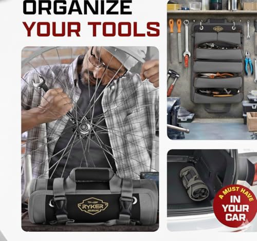 Ryker Heavy Duty Tool Roll Organizer w/Detachable Pouches, Gift for Men - color: B-Black