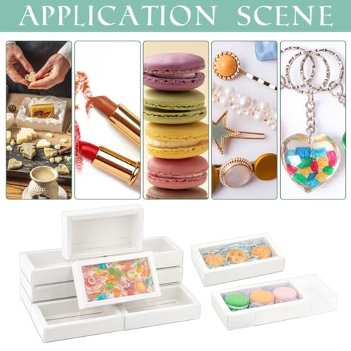 NBEADS 12 Pcs Rectangle Drawer Kraft Boxes, 5.5x2.7x1.26 Inch Gift Packaging Case Foldable Paper Drawer Boxes with Clear Plastic Cover for Party Favor Treats Candy and Jewelry Crafts, White - color: White