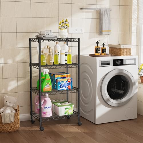 Golpart Small Shelves Storage Wire Metal Adjustable Shelf Unit with Wheels - color: Black, size: 4-Tier(11.7 "D X 17.7"W X 44.8"H)