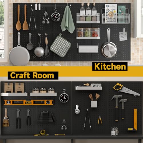 Peg Board, 4-pcs 16" x 12" Metal Pegboard Panels with 70 Hooks, Tool Organizer for Garage, Craft Room, Black