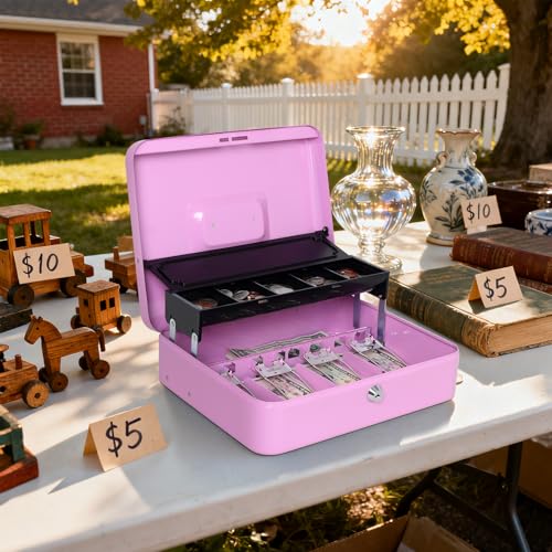 Jssmst Metal Cash Box with Money Tray and Lock, Portable Cash Drawer, 11.8" - color: Light Purple Key