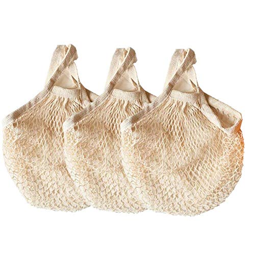 Ahyuan Reusable Cotton Mesh Grocery Bags Cotton String Bag Net Shopping Mesh Bags Pack of 3 (Beige)