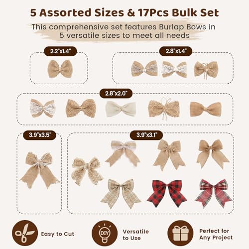 VGOODALL 17 PCS Burlap Bows, Handmade Burlap Bowknots with Lace for Wedding Party Decor Home Gift Wrapping