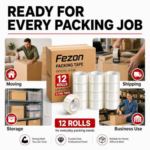 12 Rolls Packing Tape 1.88inch Wide, 50 Yards Per Roll, 600 Total Yards (12 Rolls (2.7mil / 50 yd))