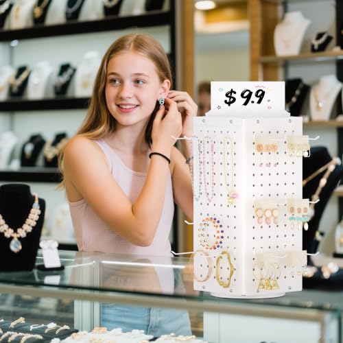 Urban Deco 360° Rotating Pegboard Display Stand with Signage, 4-Sided Spinning Peg Board Stand with 24 Hooks for Jewelry, Earring & Keychain Holder Displays for Craft Shows & Vendor Events (White) - color: White