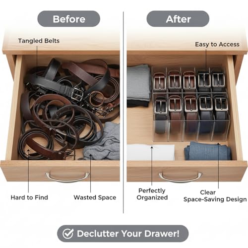 Belt Organizer,Acrylic Belt Organizer for Closet with Removable Dividers 5 Compartments & Handles Drawer organization and storage for Purse,underwear, Socks,and Ties (2pack) - size: 2pack