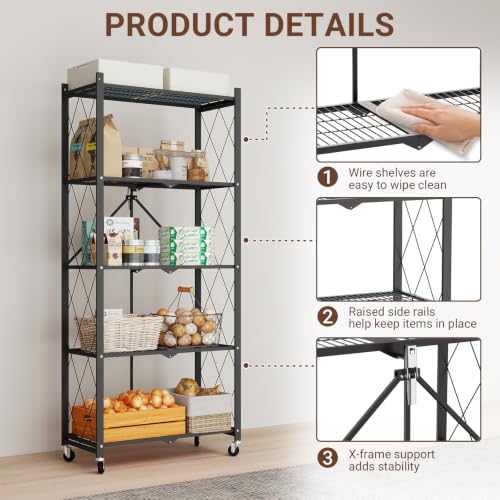 black leopard 5-Tier Foldable Metal Storage Shelf with Wheels, Black - color: Black, size: 5-Tier